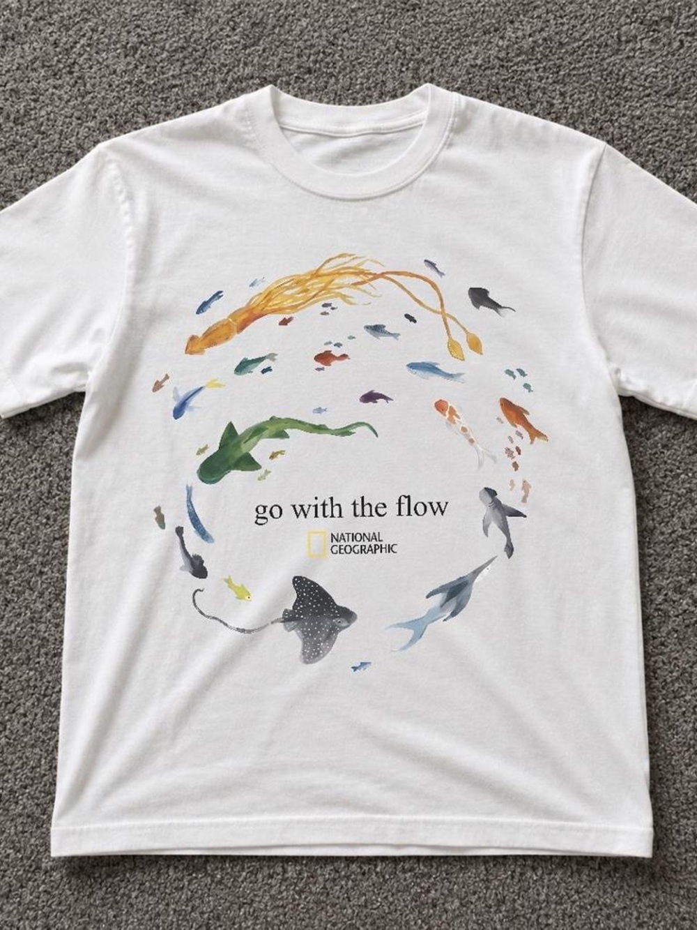 Gildan White Tee with Multicolor Ocean Life Circle Graphic